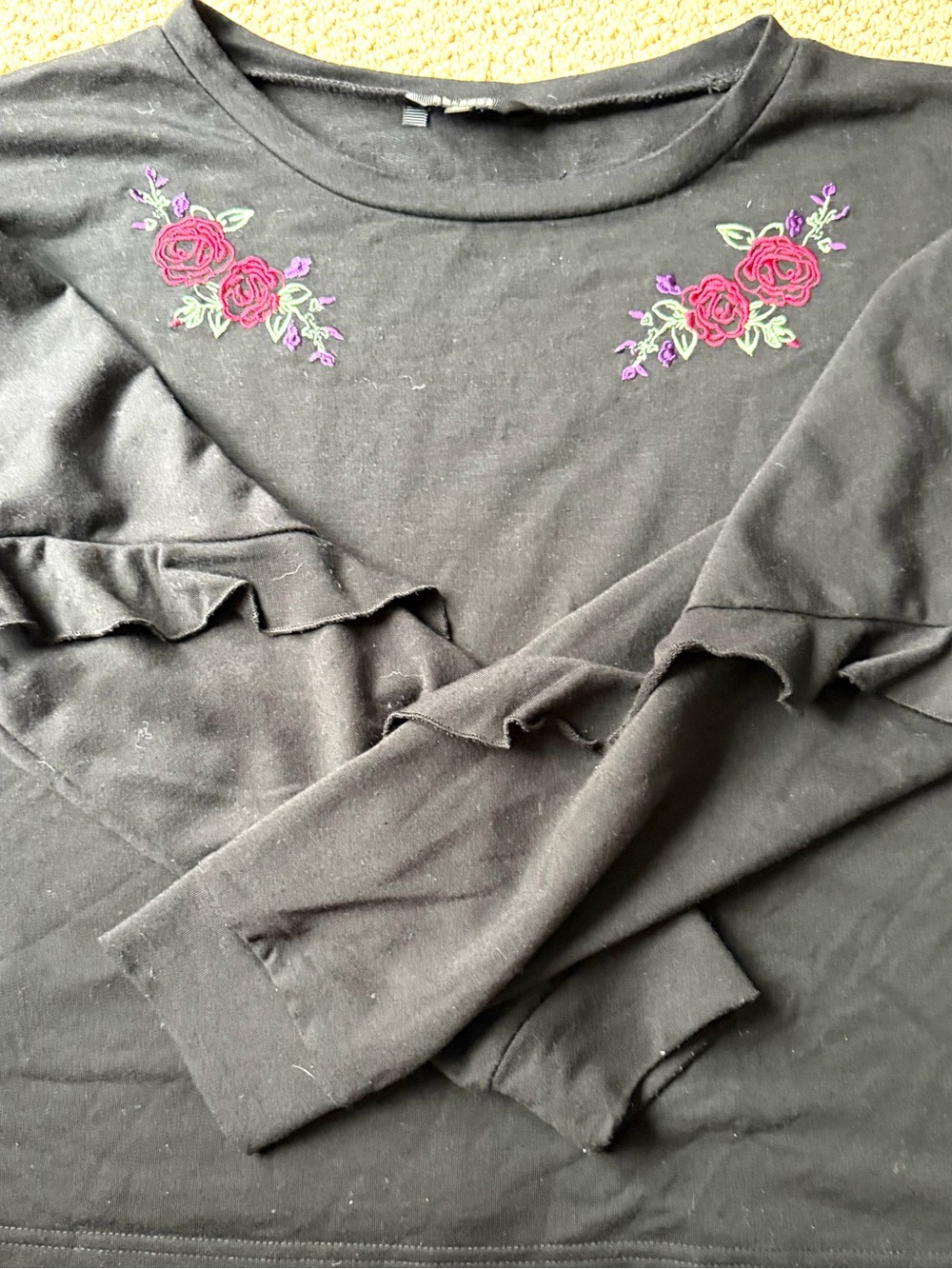 Black Long Sleeve Tee with Pink Rose Embroidery